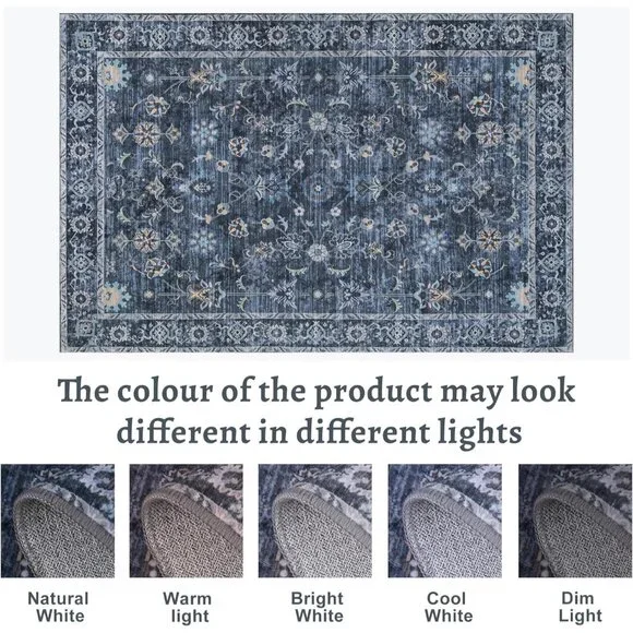 5x7 Blue Area Rug for Bedroom Living Room, Washable Vintage Floral Rug Non Slip, - Picture 2 of 9